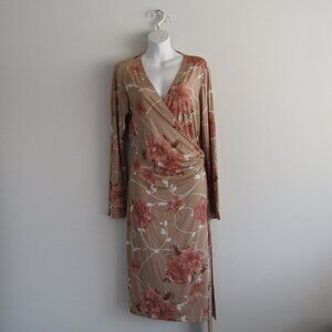 Spiegel Vintage Wrap Dress 12 Tan & Pink Floral Romantic Feminine Classic